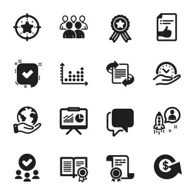 Doğrulanmış, güvenli zaman gibi bir dizi eğitim ikonu. Sertifika, onaylı grup, gezegeni kurtarma. Başlangıç, Onaylanmış belge, Konuşma balonu. Dolar değişimi, yıldız hedefi, grup. Vektör