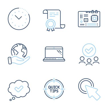 Laptop, İpuçları ve Zaman yönetim çizgisi simgeleri ayarlandı. Diploma sertifikası, gezegeni kurtarmak, bir grup insan. Onaylandı, Anakart ve Tıklayın. Bilgisayar, hızlı numaralar, ofis saati. Vektör