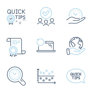 Kurtarma dizüstü bilgisayarı, hızlı ipuçları ve Hızlı Başlangıç kılavuz satırı simgeleri ayarlandı. Diploma sertifikası, gezegeni kurtarmak, bir grup insan. Dot arsası, zaman yönetimi ve güvenli zaman işaretleri. Vektör