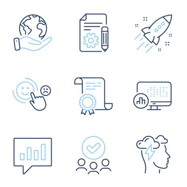 Belgeler, müşteri memnuniyeti ve Startup roket hattı simgeleri ayarlandı. Diploma sertifikası, gezegeni kurtarmak, bir grup insan. Analitik sohbet, istatistik raporları ve farkındalık stres işaretleri. Vektör