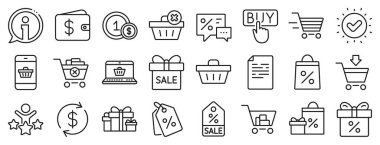 Hediye, Hediye ve Satış tabelaları. Cüzdan koleksiyonu simgeleri. Alışveriş arabası, teslimat hediyesi ve etiket sembolleri. Konuşma balonu, indirim, satış ve cüzdan. İnternetten satın alma. Sürpriz hediye. Vektör
