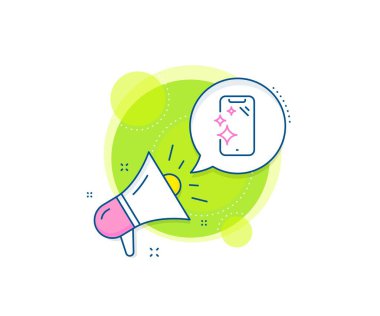 Telefon işareti. Megafon tanıtım kompleksi ikonu. Akıllı telefon temiz ekran hattı simgesi. Mobil cihaz sembolü. İş pazarlama afişi. Akıllı telefon temiz işareti. Vektör