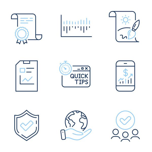 Quick tips, Confirmed and Column diagram line icons set. Diploma certificate, save planet, group of people. Report document, Creative painting and Mobile finance signs. Vector