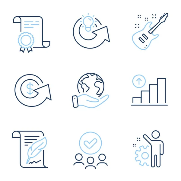 Pluma Idea Compartir Conjunto Iconos Línea Empleados Certificado Diploma Salvar — Vector de stock