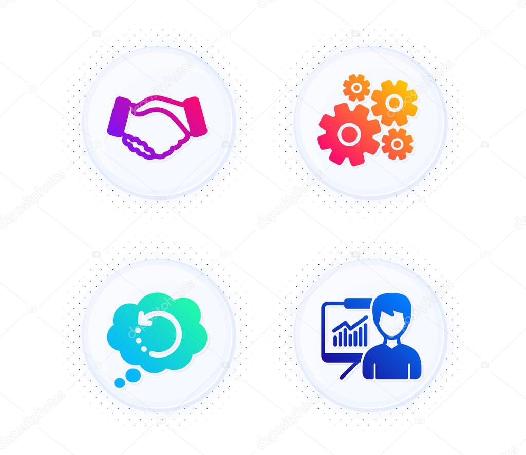 Handshake, Recovery data and Cogwheel icons simple set. Button with halftone dots. Presentation sign. Deal hand, Backup info, Engineering tool. Education board. Business set. Vector