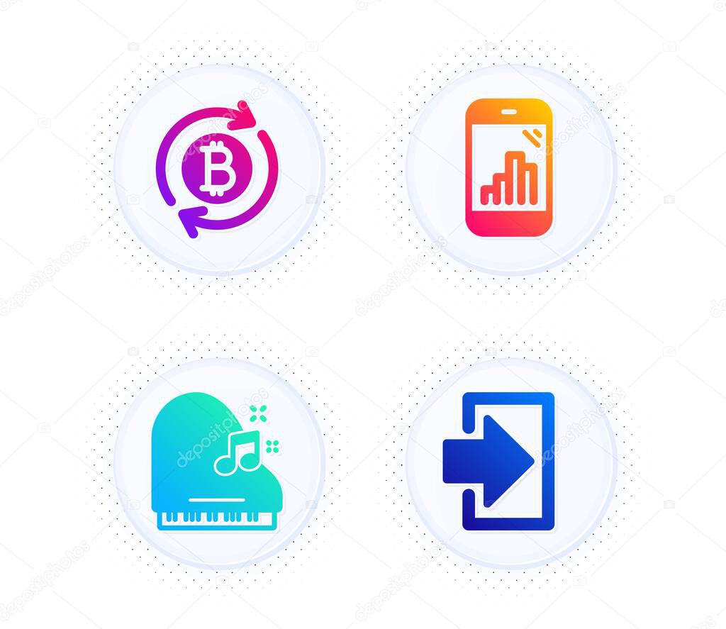 Piano, Graph phone and Refresh bitcoin icons simple set. Button with halftone dots. Login sign. Fortepiano, Mobile statistics, Update cryptocurrency. Sign in. Business set. Vector