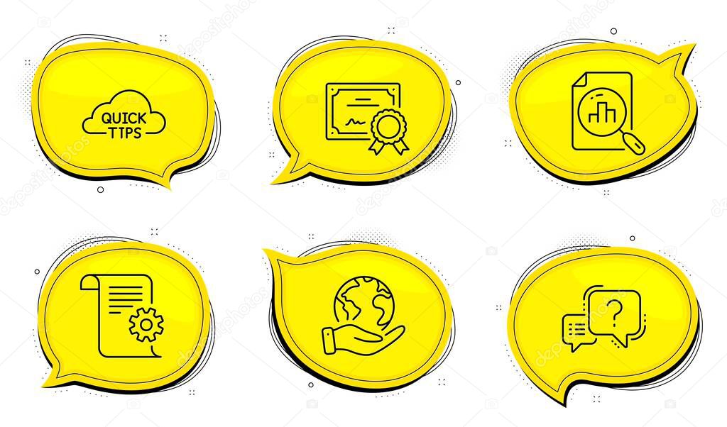 Quick tips sign. Diploma certificate, save planet chat bubbles. Analytics graph, Technical documentation and Question mark line icons set. Chart report, Manual, Quiz chat. Helpful tricks. Vector