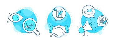 Tüy, Rfp ve Candlestick çizelgesi simgeleri ayarlandı. El sıkışma, araştırma ve tanıtım kompleksi simgeleri. Tam dönüş işareti. Telif hakkı sayfası, öneri talebi, rapor analizi. 360 derece. Vektör