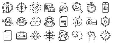 Grup, Profil ve Takım Çalışması simgeleri. Ticari kullanıcı hattı simgeleri. Portföy, Zamanlayıcı ve Güvenlik Kalkanı sembolleri. İş analitiği, insan yönetimi, kullanıcı grubu. Kişinin profili, takım çalışması desteği. Vektör