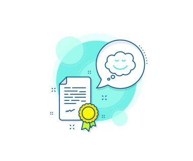 Sohbet duygu işareti. Sertifika kompleksi simgesi. Gülme çizgisi ikonlu komik konuşma balonu. Sertifika veya diploma belgesi. Konuşma balonu işareti. Vektör