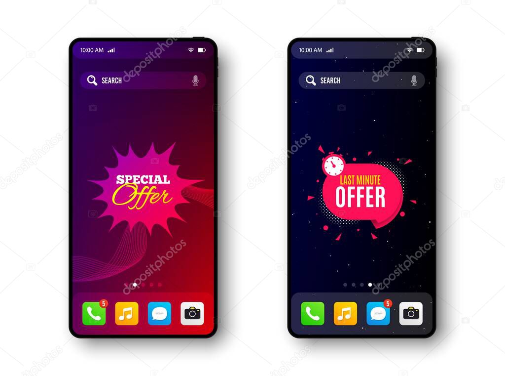 Special offer and Last minute offer. Smartphone screen banner. Timer badge. Mobile phone screen interface. Smartphone display promotion template. Online application banner. Vector