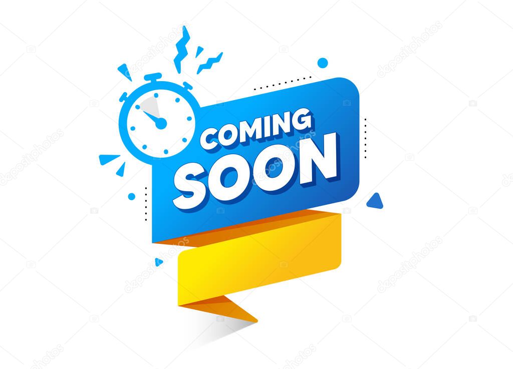 Coming soon ribbon banner with timer icon. Quality web element. Announcement bubble for promotion. Coming soon countdown time for new open. New arrival button. Promo release banner vector