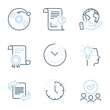 Rapor, Zaman ve Vinil kayıt çizgisi simgeleri ayarlandı. Diploma sertifikası, gezegeni kurtarmak, bir grup insan. Fikir, zaman yönetimi ve pazarlama tabelaları. Çalışma analizi, saat, retro müzik. Profesyonel bir iş. Vektör