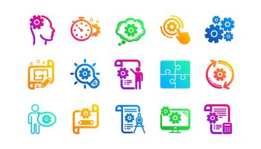 Bulmaca, Bölme aracı ve Mimarlık planı. Mühendislik simgeleri. Mühendis klasik simge seti. Gradyan desenler. Kalite işaretleri ayarlandı. Vektör