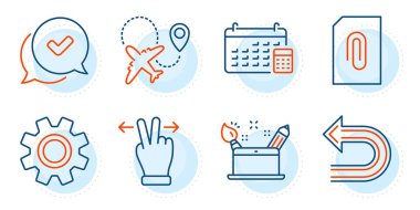 Geri al, yaratıcılık kavramı ve dokunmatik jest işaretleri. Servis, Onaylanmış ve Takvim satırı simgeleri ayarlandı. Eklenti, uçak sembolleri. Çarklı teçhizat, sohbet mesajı. Teknoloji hazır. Vektör