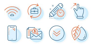 Wifi, İnsan Kaynakları ve Akıllı Telefon işaretleri. Muhasebe raporu, Proje bitiş tarihi ve Dokunmatik Ekran Jest Hattı simgeleri ayarlandı. Maden yağı, sembolleri aşağı kaydır. Mali kontrol, zaman yönetimi. Vektör