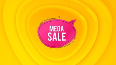 Mega satış balonu. Geometrik plastik tasarım afişi. İndirimli afiş şekli. Kupon sohbet ikonu. Turuncu şekilli arka plan. Tanıtım amaçlı plastik el ilanı tasarımı. Satış balonu tanıtım afişi. Vektör