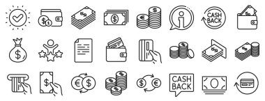 Bir dizi bankacılık, cüzdan ve sikke ikonu. Para çizgisi simgeleri. Kredi kartı, döviz kuru ve nakit para servisi. Euro ve Dolar, nakit cüzdan, takas. Banka kartı, ATM ödemesi. Vektör