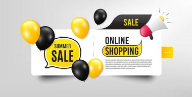 Yaz Satışı. Balonlu pankart. Özel fiyat tabelası. Reklam indirimi sembolü. Konuşma balonu megafonu. İnternetten balonlu alışveriş afişi. Yaz satış promosyonu. Vektör