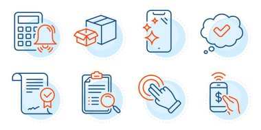 Arama analizi, telefon ödemesi ve akıllı telefon işaretleri. Onaylanmış anlaşma, paketleme kutuları ve onaylanmış satır simgeleri ayarlandı. Hesap makinesi alarmı, dokunmatik ekran jest sembolleri. Taslak simgeleri ayarlandı. Vektör