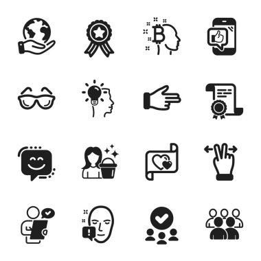 Temizlik, Müşteri Anketi gibi bir dizi insan simgesi. Sertifika, onaylı grup, gezegeni kurtarma. Fikir, aşk mektubu, dikkat. Gülen surat, gözlük, grup. Vektör