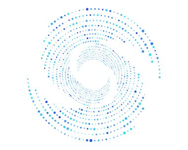 Noktalı daire vektör elemanı. Noktalar yarım ton arkaplanda dalgalanma yaratıyor. Sarmal ya da bükülmüş radyal element. Rastgele boyut noktaları olan soyut yarım daire. Dotwork radyal tasarım arka planı. Vektör