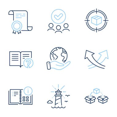 Paket takibi, Paket sevkiyat ve yardım hattı simgeleri ayarlandı. Diploma sertifikası, gezegeni kurtarmak, bir grup insan. Talimat bilgileri, Deniz feneri ve Kavşak okları işaretleri. Vektör
