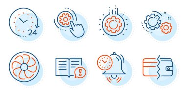 24 saat, ödeme yöntemleri ve zaman yönetim işaretleri. Vites, Cogwheel ayarları ve Gerçekler çizgi simgeleri ayarlandı. Fan motoru, dişli sembolleri. Çalışma süreci, Mühendislik aracı. İş seti. Vektör