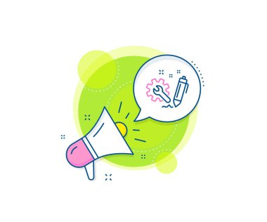 Cogwheel ve Wrench alet tabelası. Megafon tanıtım kompleksi ikonu. Mühendislik hattı simgesi. İş pazarlama afişi. Mühendislik işareti. Vektör