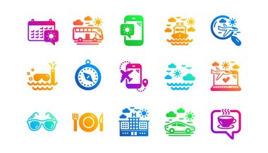 Pasaport, bavul ve kontrol havaalanında. Seyahat ikonları. Güneş gözlüğü klasik simge seti. Gradyan desenler. Kalite işaretleri ayarlandı. Vektör