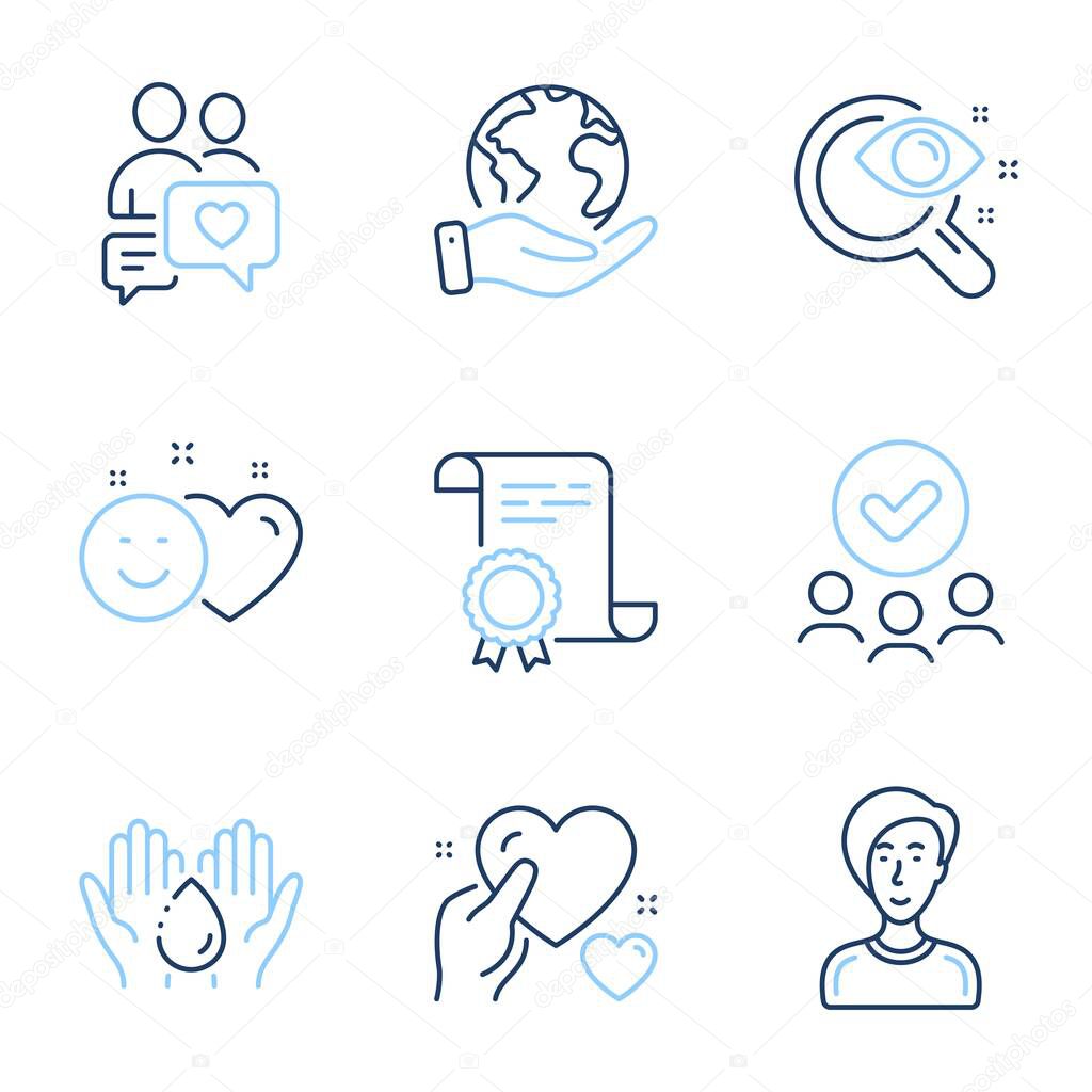 Businesswoman person, Smile and Wash hands line icons set. Diploma certificate, save planet, group of people. Dating chat, Hold heart and Vision test signs. Vector