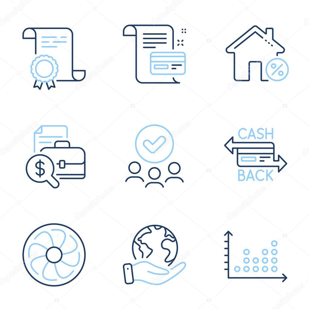 Dot plot, Accounting report and Fan engine line icons set. Diploma certificate, save planet, group of people. Loan house, Cashback card and Payment card signs. Vector