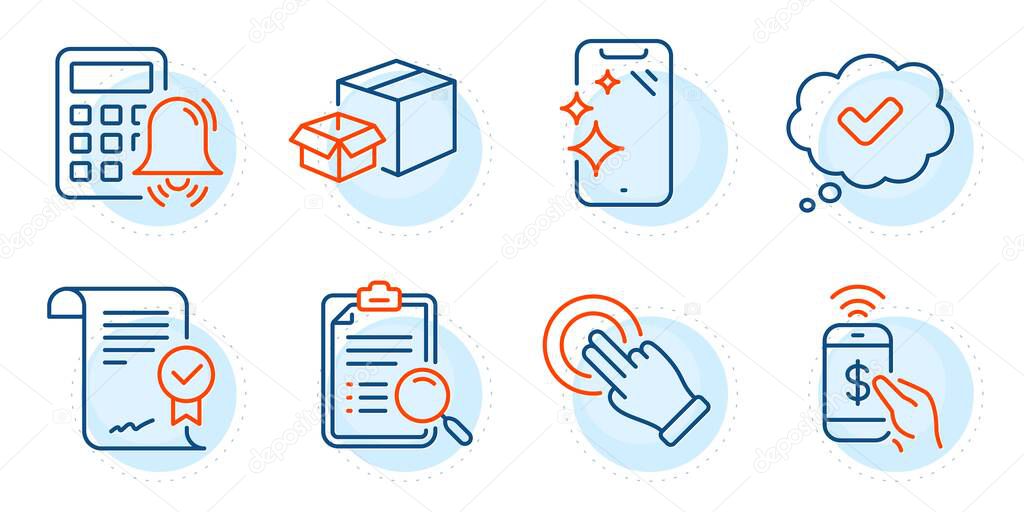 Search analysis, Phone payment and Smartphone clean signs. Approved agreement, Packing boxes and Approved line icons set. Calculator alarm, Touchscreen gesture symbols. Outline icons set. Vector
