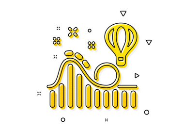 Eğlence parkı tabelası. Hız treni ikonu. Atlıkarınca sembolü. Sarı daireler şeklinde. Klasik lunapark treni ikonu. Geometrik elementler. Vektör