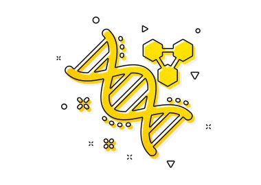 Laboratuvar analiz işareti. Kimya DNA ikonu. Kimyasal formül sembolü. Sarı daireler şeklinde. Klasik kimya DNA ikonu. Geometrik elementler. Vektör