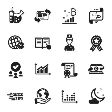 Bitcoin grafiği, Dot grafiği gibi bir dizi bilim simgesi. Sertifika, onaylı grup, gezegeni kurtarma. Hedef yolu, Doktor, metin yazma defteri. Web sitesini yenile, kimya laboratuvarı, grafik. Vektör