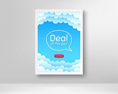 Gündüz sembolü anlaşması. Bulut posterli çerçeve. Özel fiyat tabelası. Reklam indirimleri sembolü. Gerçekçi çerçeve ve sohbet balonu. Arka planda bulutlar olan pankart. Günlük konuşma balonu. Vektör