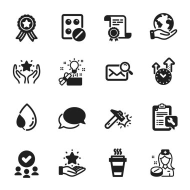 Hammer blow, yaratıcı fikir gibi iş simgeleri. Sertifika, onaylı grup, gezegeni kurtarma. Paket servis, arama postası, hemşire. Tıbbi tablet, zaman yönetimi, kurye. Vektör