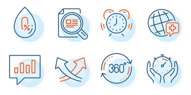 Dünya tıbbı, Zamanlayıcı ve Kavşak okları işaretleri. Makaleyi kontrol et, tam dönüş ve zaman yönetim çizgisi simgeleri ayarlandı. Analitik sohbet, alkol sembolü yok. Büyüteç, 360 derece. Vektör