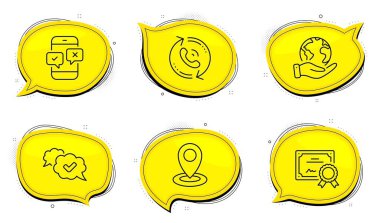 Yer işareti. Diploma belgesi. Sohbet baloncuklarını sakla. Çağrı merkezi, telefon anketi ve onaylanmış satır simgeleri ayarlandı. Hatırla, Mobil Sınav Testi, Komik Mesaj. Harita işaretleyici. İş seti. Vektör