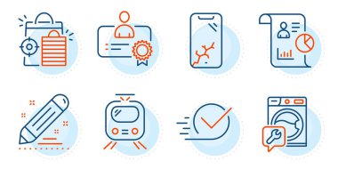 Çamaşır makinesi, akıllı telefon bozuk ve sertifika tabelaları. Seo alışverişi, tren ve rapor satışı simgeleri ayarlandı. Çek kutusu, markalı kontrat sembolleri. Analitik, Tram. Teknoloji hazır. Taslak simgeleri ayarlandı. Vektör