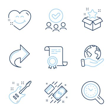 Gülen surat, zaman yönetimi ve ödeme çizgisi simgeleri ayarlandı. Diploma sertifikası, gezegeni kurtarmak, bir grup insan. Elektro gitar, Sadakat programı ve Paylaşım tabelaları. Aşk kalbi, zaman analizi, para. Vektör