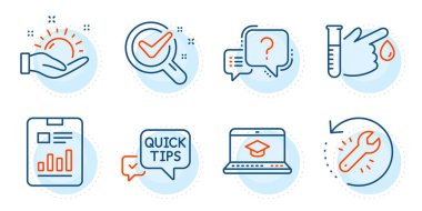 Soru işareti, iyileşme aracı ve kan bağışı işaretleri. Web sitesi eğitimi, kimya laboratuvarı ve güneşli hava çizgisi simgeleri hazır. Hızlı ipuçları, belge sembolleri. Video öğrenme, laboratuvar araştırması. Vektör