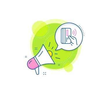 Para işareti. Megafon tanıtım kompleksi ikonu. Temassız ödeme kartı simgesi. İş pazarlama afişi. Temassız ödeme işareti. Vektör