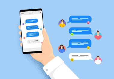 Çevrimiçi mesajlarla el ele tutuşmak. Arkadaşlarla sohbet eden akıllı telefon. İnsanların kullanıcı karakterleri. Konuşma baloncukları cep telefonu ekranında. Telefon çevrimiçi mesajlar. Arkadaşlar sohbet vektörü