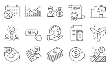 Set of Finance icons, such as Credit card, Dollar. Diploma, ideas, save planet. 24 hours, Decreasing graph, Infochart. Dollar exchange, Calendar discounts, Wind energy. Vector clipart