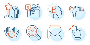 Dokunmatik ekran jesti, Bitcoin düşünce ve seyahat kredi tabelaları. Saç kurutma makinesi, zaman yönetimi ve güvenli zaman çizelgesi simgeleri ayarlandı. Yıldız, posta sembolleri. Saç kurutma makinesi, saati tut. Teknoloji hazır. Taslak simgeleri ayarlandı. Vektör