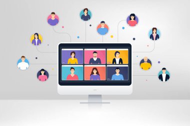 Uzaktan kumanda ekibi evden çalışıyor. Sanal video konferans ekranı. İnternetten öğreniyorum. İnsanların karakterleri birlikte çalışır. Uzaktan konferans ya da sanal toplantı. Serbest insan kaynakları. Öğrenme vektörü