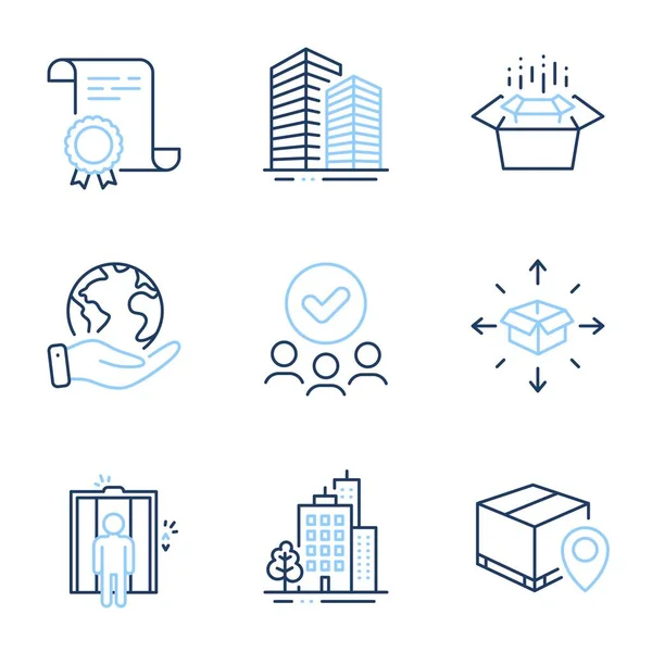 Parcel tracking, Elevator and Skyscraper buildings line icons set. Diploma certificate, save planet, group of people. Parcel delivery, Buildings and Packing boxes signs. Vector