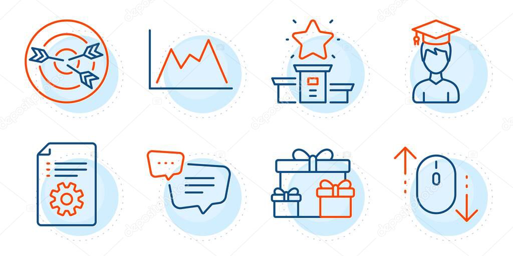 Surprise boxes, Scroll down and Diagram signs. Targeting, Winner podium and Student line icons set. Technical documentation, Text message symbols. Target with arrows, First place. Vector